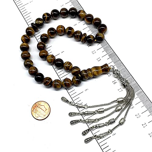 Big Prayer Beads-Worry Beads-Tesbih-Tasbih-Tasbeeh-Misbaha-Masbaha-Subha-Sebha-Sibha-Rosary (-Tiger Eye Natural Stone with Metal Tassel -10mm-33 Beads-) - color: Big Beads with Metal Tassel -10mm-33 Beads-