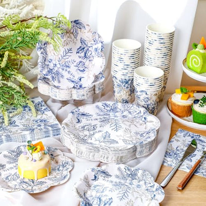 Newtay 250 Pcs Blue Floral Disposable Plates and Napkins Blue Gold Disposable Tableware Set for 50 Guests Paper Plates Napkins Cups for Wedding Bridal Shower Supplies - color: Blue and Gold, style: Stylish