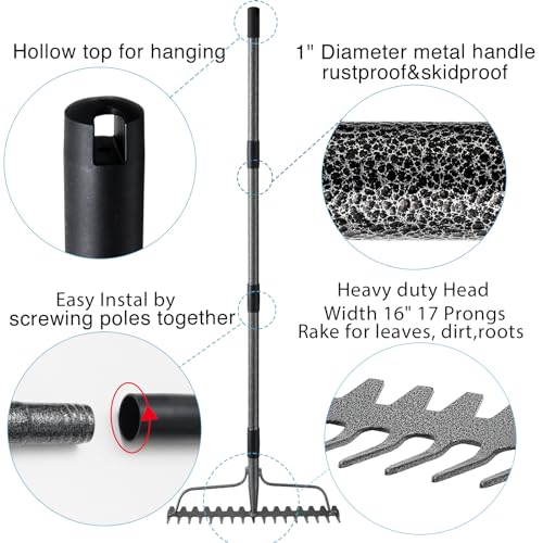 Bow Rake, Detachable Heavy Duty Metal Garden Rake for Loosening Soil, Leveling Lawn, Leaves Cleaning,63 Inch Long Handle Yard Rock Rake for Gardening,17 Prongs Leaf RakeThatch Rake for Lawn