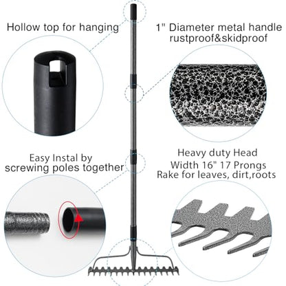 Bow Rake, Detachable Heavy Duty Metal Garden Rake for Loosening Soil, Leveling Lawn, Leaves Cleaning,63 Inch Long Handle Yard Rock Rake for Gardening,17 Prongs Leaf RakeThatch Rake for Lawn