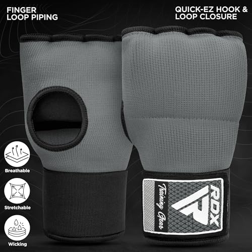 RDX Gel Boxing Hand Wraps Inner Gloves Men Women, Quick 100cm Long Wrist Straps, Elasticated Padded Fist Under Mitts Protection, Muay Thai MMA Kickboxing Martial Arts - color: Grey, size: X-Large