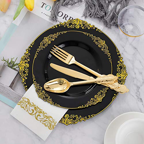 Hioasis 175pcs Black and Gold Plates - Black Party Plates for 25 Guest, Include 50 Heavy-duty Plates(20% Thicker Than Standard), 75 Cutlery Set, 25 Napkin, 25 Cups for Graduation - color: Black and Gold