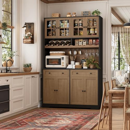 HOSTACK 75" Kitchen Pantry Storage Cabinet, Coffee Bar Hutch Cabinet, Brown | Tall Pantry Cabinet with Charging Station / Wide Countertop / Glass Doors / Wine Rack / Cup Holder / Drawers, Dining Room - color: Black/Brown