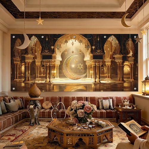 HOMETITUTE Ramadan Backdrop Eid Mubarak Ramadan Garage Door Banner 13x6ft Eid Mubarak Large Background Crescent Moon and Star Mosque Arch Design for Eid Celebration Outdoor Ramadan Decorations for Home