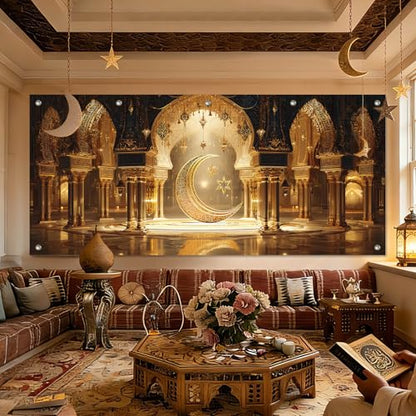 HOMETITUTE Ramadan Backdrop Eid Mubarak Ramadan Garage Door Banner 13x6ft Eid Mubarak Large Background Crescent Moon and Star Mosque Arch Design for Eid Celebration Outdoor Ramadan Decorations for Home