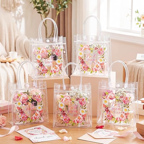 Aliceset 24 Pcs Mother's Day Floral Clear Gift Bags with Handles Best Mom Ever Tote Bags Reusable PVC Goodie Handbags Mother's Day Favor for Gift Wrapping, Party Decorations, 6.31"x 5.91"x 3.15" - style: Best Mom Ever