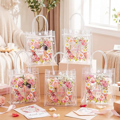 Aliceset 24 Pcs Mother's Day Floral Clear Gift Bags with Handles Best Mom Ever Tote Bags Reusable PVC Goodie Handbags Mother's Day Favor for Gift Wrapping, Party Decorations, 6.31"x 5.91"x 3.15" - style: Best Mom Ever