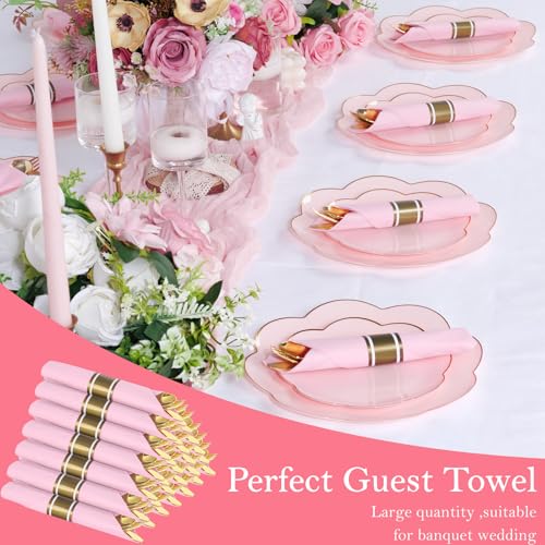 Supernal Gold Plastic Silverware Set with Pre Rolled Pink Napkin-Disposable Cutlery with Pink Linen Napkin Gold, Wrapped Plastic Silverware Heavy Duty Suit for Birthdays, Parties, Weddings 30Packs - color: Pink and Gold, size: 30 Pack