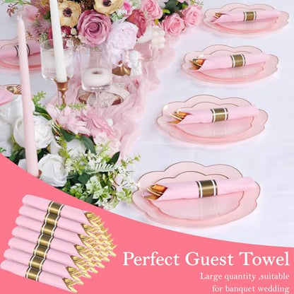 Supernal Gold Plastic Silverware Set with Pre Rolled Pink Napkin-Disposable Cutlery with Pink Linen Napkin Gold, Wrapped Plastic Silverware Heavy Duty Suit for Birthdays, Parties, Weddings 30Packs - color: Pink and Gold, size: 30 Pack