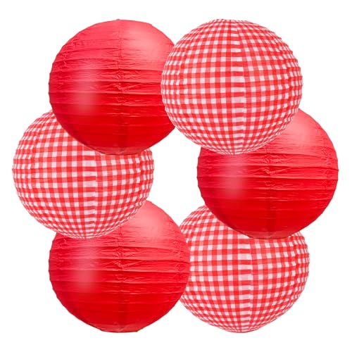 BEISHIDA Red White Plaid Round Paper Lanterns Decorative Hanging Asia Chinese Japanese Paper Lanterns Lamp for Birthday Wedding Baby Bridal Shower Home Decor Party Decoration（6Packs） - color: Red Set, size: 12 Inch