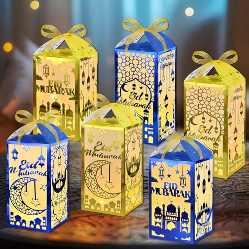 Cinrobiye 6Set Ramadan Centerpiece Table Decorations Eid Mubarak Light Up Paper Lanterns Islamic Muslim Party Table Decor Black Gold - color: Blue