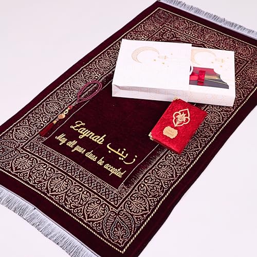 IEF Personalized Wedding Gifts Prayer Mat, Eid Gifts Quran Prayer Beads Set, Birthday Gifts for Women, Mother's Day Gifts Chenille Prayer Rug Pearl Prayer Beads Arabic Quran (Red)