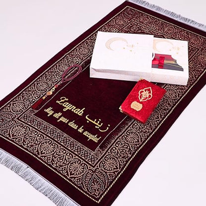 IEF Personalized Wedding Gifts Prayer Mat, Eid Gifts Quran Prayer Beads Set, Birthday Gifts for Women, Mother's Day Gifts Chenille Prayer Rug Pearl Prayer Beads Arabic Quran (Red)