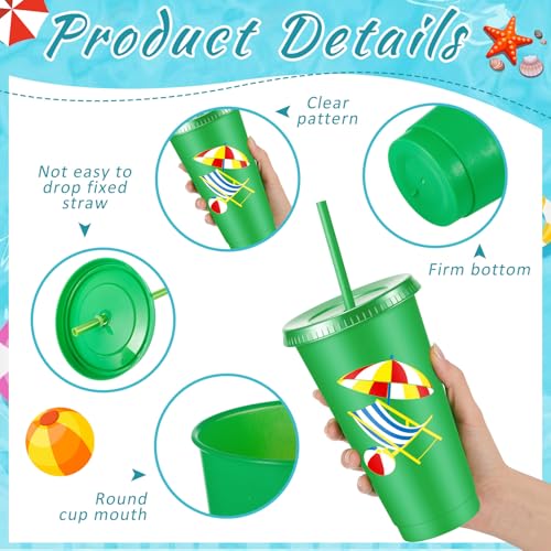 Chuangdi 12 Pcs Beach Pool Party Plastic Cups with Lids and Straws 24 oz Summer Luau Swimming Pool Themed Tumblers Drinking Cups for Beach Ball Hawaii Holiday Gifts Birthday Party Decorations Favors - style: Pool