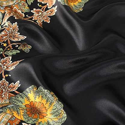 AWAYTR 35” Large Satin Square Head Scarf - 2Pcs Silk Like Floral Head Scarves Square Satin Hair Scarf Bandanas for Women - color: Cashew(black/Beige)