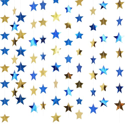 Spakon 65 Ft Star Garland Hanging Decoration Double Sided,Gold and Blue - color: Gold and Blue
