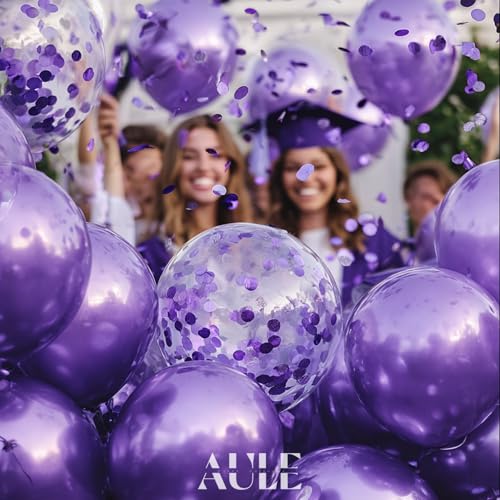 AULE Party Balloons Pack of 42 - Metallic Balloons & Confetti Balloons and 64ft Ribbons - 12 Inch Purple Balloons Decorations Set - color: Purple