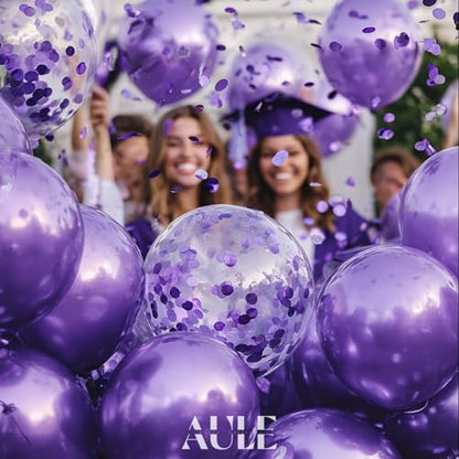 AULE Party Balloons Pack of 42 - Metallic Balloons & Confetti Balloons and 64ft Ribbons - 12 Inch Purple Balloons Decorations Set - color: Purple