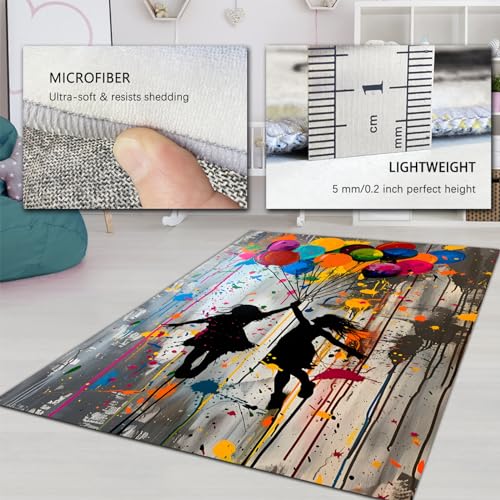 Colorful Graffiti Machine Washable Rug 6'x10' - Girl with Balloons Non Slip Living Room Carpet Street Art Rug for Office Dining Room - size: 6'x10'