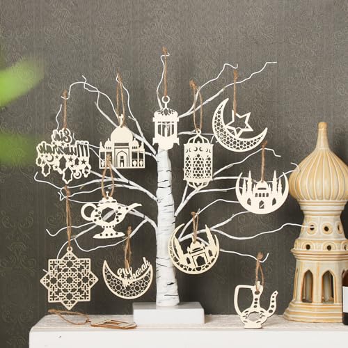Barydat 36 Pcs Eid Mubarak Ornaments Ramadan Decorations Wooden Hanging Tree Ornaments Islamic Ramadan Cutouts Decor Castle Lantern Hanging Wood Cutouts Embellishment with Rope