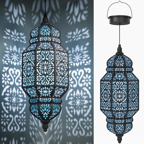 18 Inch High Large Hanging Solar Lights Outdoor Garden Decor, Decorative Waterproof Plastic Moroccan Solar Lantern Lamp, Outside Decorations for Patio Yard Porch Decor, Gardening Gifts for Women Mom - color: Black Blue, size: 1pack