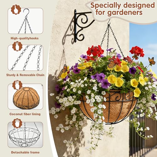 12 inch Metal Hanging Baskets For Plants Outdoor 4 Pack Round Metal Wire Hanging Basket Planter with Coco Fiber Liners Chain Round Wire Plant Holder for Garden, Patio, Deck, Porch Plants Flower Potss - size: 12 Inch, style: Flower Border