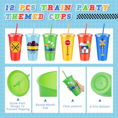 Chuangdi 12 Pcs Train Themed Tumbler with Lid and Straw 24 oz Reusable Plastic Tumblers Railroad Train Crossing Party Cup Traffic Vehicle Party Supplies for Birthday Decorations - style: Train
