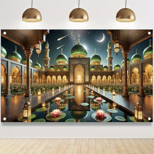 Ramadan Kareem Banner 71x43 Inch Islamic Green Mosque Crescent Moon Theme Party Decoration Wall Hanging Eid Mubarak Decor Indoor Outdoor - color: Style 5