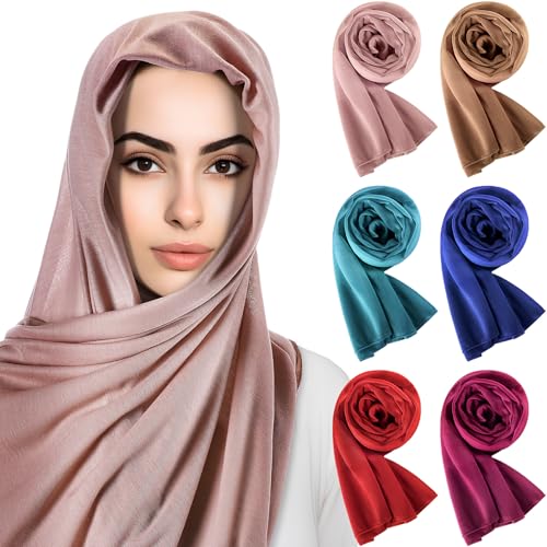 6 Pack Hijab Scarves for Women Muslim Head Wraps Jersey Hijab Soft Long Scarf Wrap for Muslim Shawl - color: Dark Color