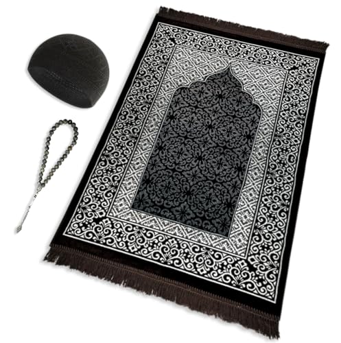 ESERRA Velvet Prayer Mat All in One Set for Islam - Thick Muslim Prayer Rug, Black Kufi Hat, Jasper Stone 33 Prayer Beads, Cotton Travel Case - Islamic Gifts (Dark Brown) - color: Dark Brown
