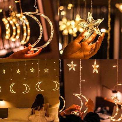 FUNPENY Star Moon Curtain String Lights, 138 LED Window Lights with Remote Control, Warm White Fairy Lights with 8 Modes for Indoor, Wedding, Party, Bedroom, Patio Lawn, Ramadan Decorations
