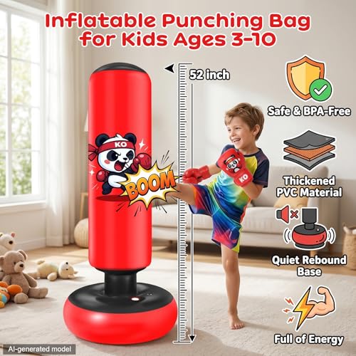 Inflatable Punching Bag for Kids: Qoosea 48 Inches Kids Bop Bag Boxing Gloves & Air Pump Dinosaur Toy Gift for Toddler & Kid Ages 3-8,Freestanding Punching Bag Easy to Inflate,Boxing Bag - color: Dark Red