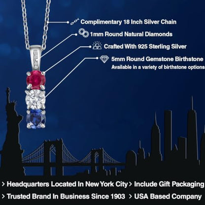 Gem Stone King Customized Personalized 3-Stone Mother Necklace for Women | Diamond and 3 Round 5MM Gemstone Birthstone Pendant | 925 Sterling Silver | With 18 Inch Silver Chain