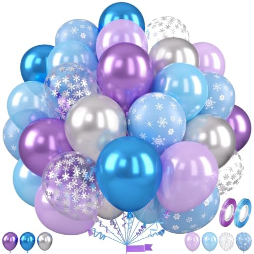 Frozen Balloons, 12 Inch Blue and Purple Balloons, Metallic Silver Blue Frozen Print Snowflake Confetti Balloon for Girls Woman Ice and Snow Winter Theme Birthday Party Decorations - color: Frozen, size: 50 Pcs