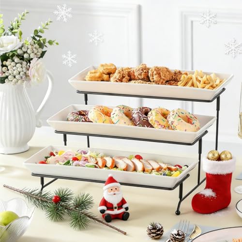 MALACASA 3 Tier Serving Tray, Porcelain Tiered Cupcake Stand, Ceramic Elevated Serving Platter with Collapsible Sturdier Rack,Series PLAT (White, 14 Inch) - color: White, size: 14 Inch