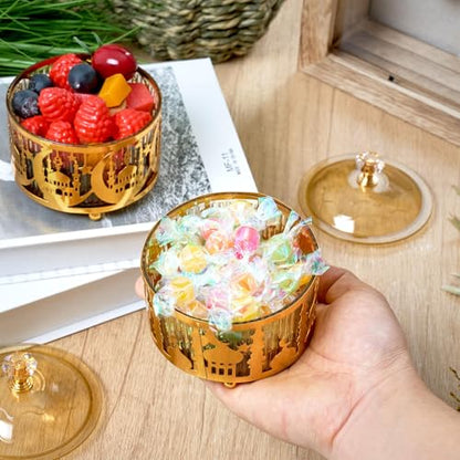 4 Pcs Eid Mubarak Plates with Lids, Metal Gold Moon Castle Ramadan Serving Tray, Middle Eastern Food Storage Container for Cookie Candy Pastry Dessert, Ramadan Decorations Table Display Set - style: Round