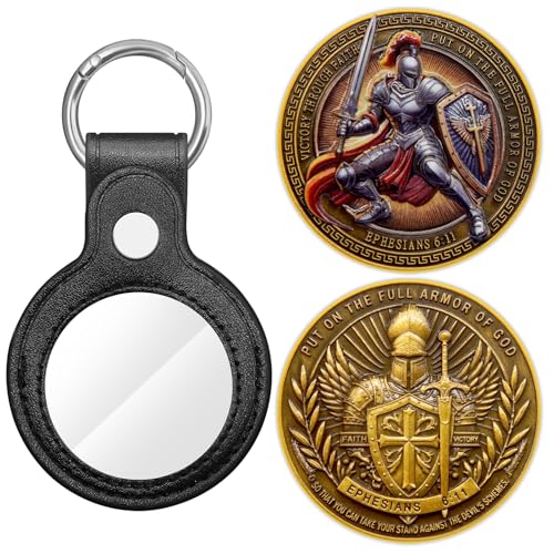 Armor of God Challenge Coin 3D Engraved Medal Medallion Keychain with Leather Coin Holder - color: Antique Gold
