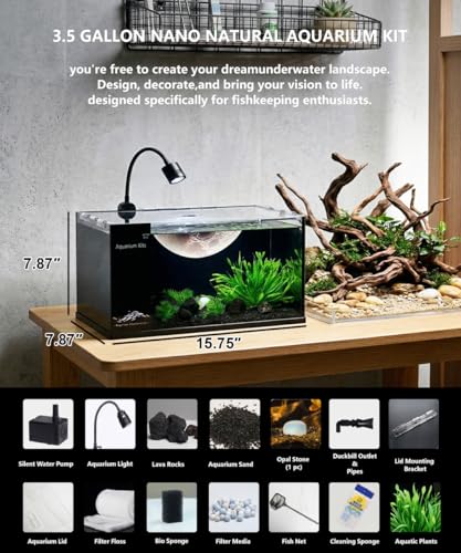 Fish Tank Kit,3.5 Gallon Small Aquarium,Ultra-Clear Nano Aquarium,Betta Fish Tank,Suitable for Small Fish Tank,Aquarium Starter kit,Desktop Fish Tank (Planet Background)