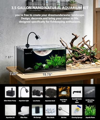 Fish Tank Kit,3.5 Gallon Small Aquarium,Ultra-Clear Nano Aquarium,Betta Fish Tank,Suitable for Small Fish Tank,Aquarium Starter kit,Desktop Fish Tank (Planet Background)