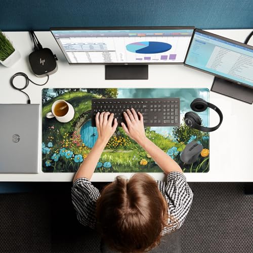Cute Landscape Cartoons Desk Mat Aesthetic Gaming Mouse Pad XXL Large Extended Green Sage Desk Pad, Laptop Keyboard and Mouse Mat, Computer Desktop Mat Playmat, Women Desk Decor Pad 31.5x15.7 in - color: Green Landscape Cartoons