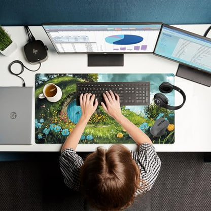 Cute Landscape Cartoons Desk Mat Aesthetic Gaming Mouse Pad XXL Large Extended Green Sage Desk Pad, Laptop Keyboard and Mouse Mat, Computer Desktop Mat Playmat, Women Desk Decor Pad 31.5x15.7 in - color: Green Landscape Cartoons
