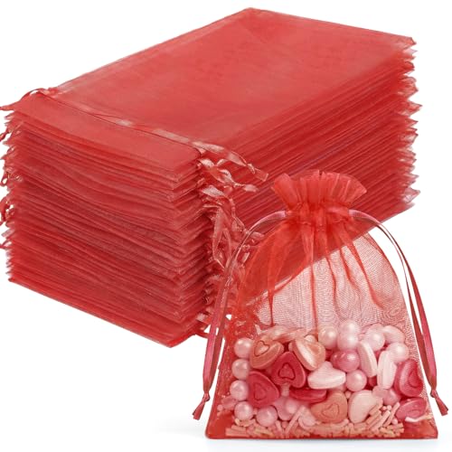 FUNFERY 100Pcs Red Organza Bags 3x4 in,Small Mesh Drawstring Gift Bag - color: Red-3"x4"