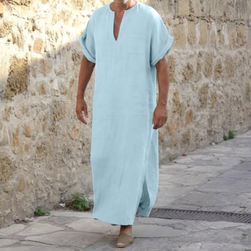 Mens Kurta Linen V Neck Long Sleeve Kaftan Casual Modern Everyday Thobes Soft Breathable Lightweight Kurta - color: 03#_light Blue, size: Small