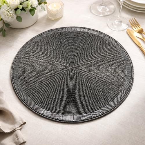 Round Beaded Placemats Set of 1, 13 Inch Handcrafted Grey Salli Table Mats for Dining Table, Thanksgiving, Christmas, Wedding, Party & Home Kitchen Décor - color: Grey Salli, size: 13"x13"
