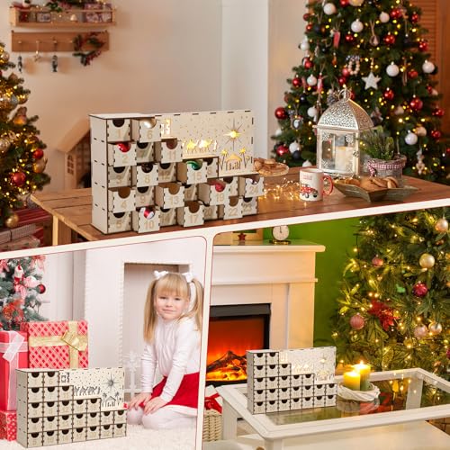 Nuanchu Lighted Christmas Wooden Advent Calendar with 24 Drawers DIY Empty Advent Calendars to Fill Countdown to 2026 Christmas Reusable Nativity Scene Decor Make Your Own Gifts Box for Xmas Adults