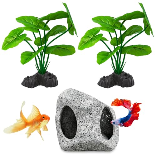 Fish Tank Decor, Aquarium Decor Set Betta Fish Tank Decorations with Artificial Green Plants & Hideaway Rock Cave for Betta Goldfish Turtle Reptile Decoration