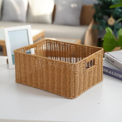 YRMT Rattan Storage Basket Pantry Basket with Built-in Handles Wicker Basket for Organizing Shelves Waterproof Woven Basket Nature (14"x10"x6.3") - size: 14"x10"x6.3"