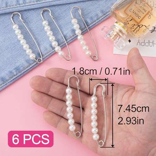 Joez Wonderful 6 Pcs Safety Pins for Clothes, Pearl Brooches Shawl Clips for Women, Pants Extender Waist Tightener, Decorative Safety Pins for Shirt Hijab Hat Sweater Cardigan Bag