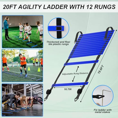 Speed Agility Training Equipment Set, Agility Ladder 20ft, 12 Football Cones, Resistance Parachute/Soccer Kick Trainer, Jump Rope, 5 Resistance Bands, Football Practice Equipment for Kids Adults - color: Blue Ladder Set