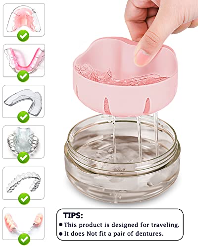 Denture Case, Definitely No-Leak Denture Bath Box for Traveling Perfectly, Denture Cup with Strainer & Magnetic Mirror,Completely Clean Care for Retainer, Mouth Guard, & Denture - color: Pink